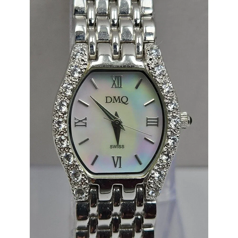 DMQ Diamonique Womens Silver Tone Mother Of Pearl Swiss Quartz Watch New Battery